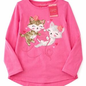Girls' Pink Long-Sleeve Sequin Kitty Appliqué Top